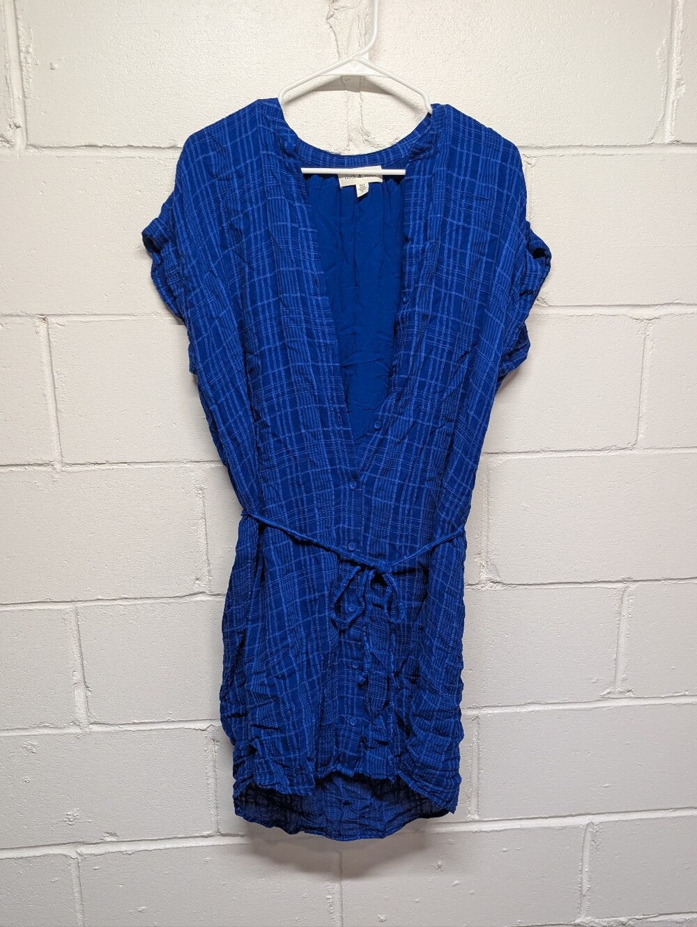 Cloth & Stone Women's Blue Plaid Button Textured Mini Dress Tie Waist (Small)